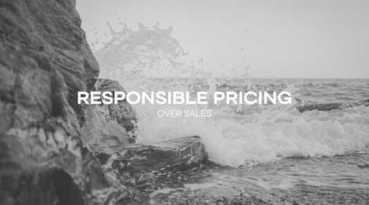 Waves crashing on rocks with "Responsible Pricing Over Sales" text