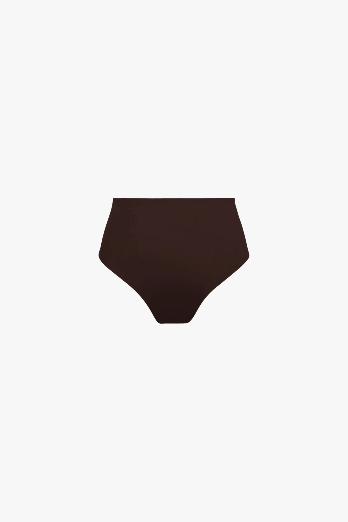 Dark brown high-waisted bikini bottom shown flat against a solid white background.