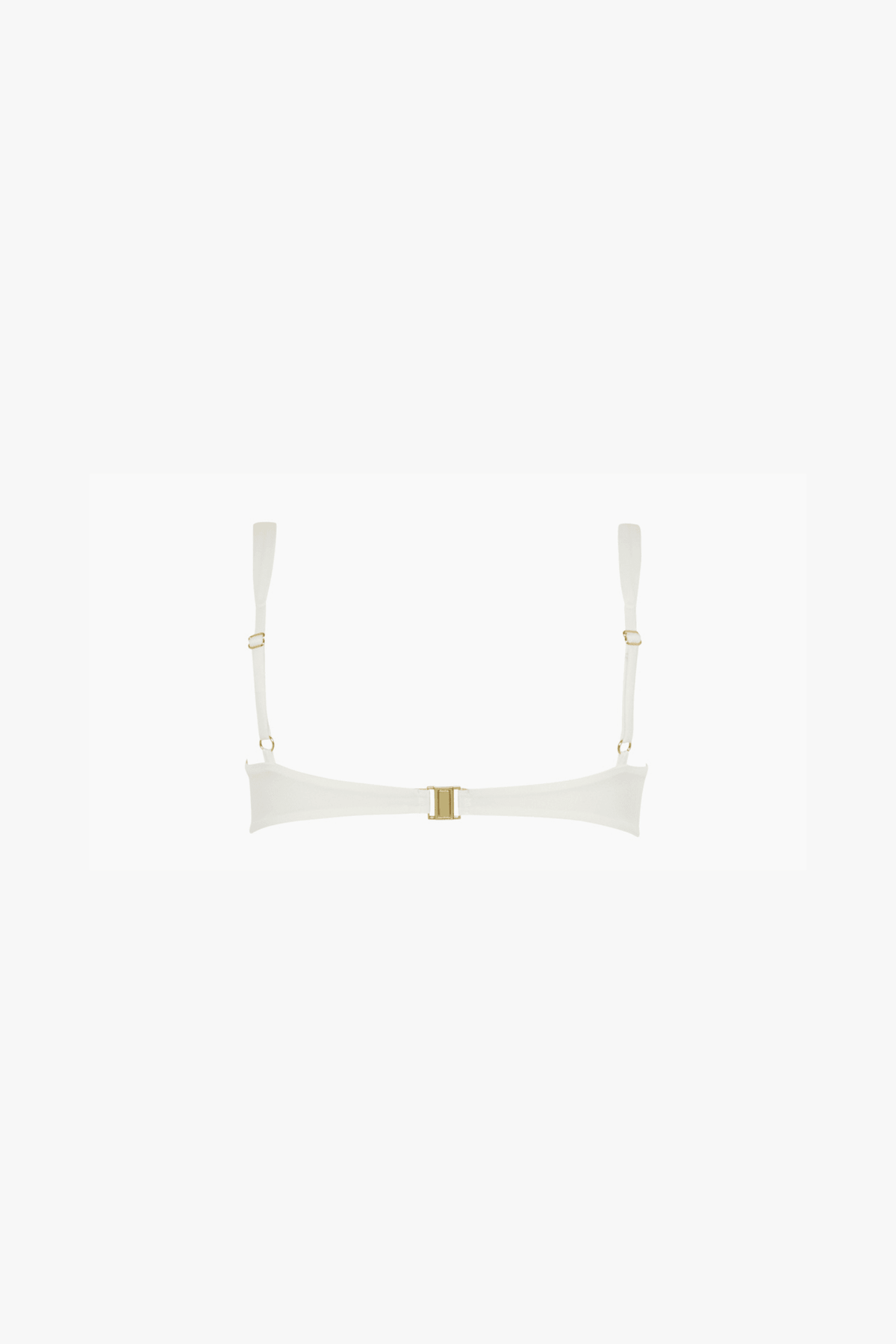An off-white bikini top with a wide, curved band and thin shoulder straps, featuring a small gold metal closure at the center and gold rings at the strap attachments, set against a solid white background.