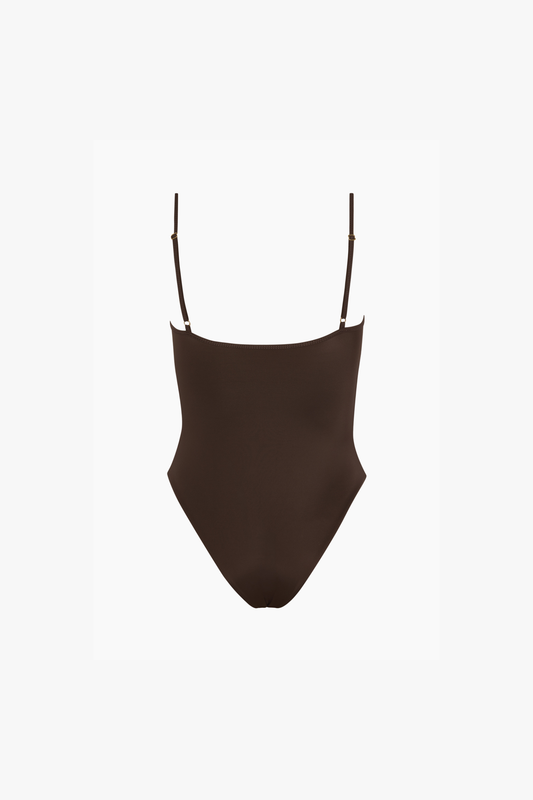 A dark brown one-piece swimsuit with thin shoulder straps, displayed flat against a solid white background.