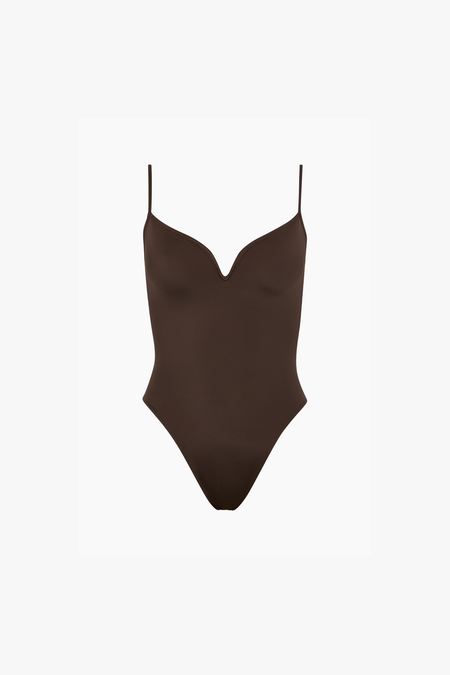 A dark brown one-piece bodysuit with thin spaghetti straps and a sweetheart neckline, displayed on a clean white background.