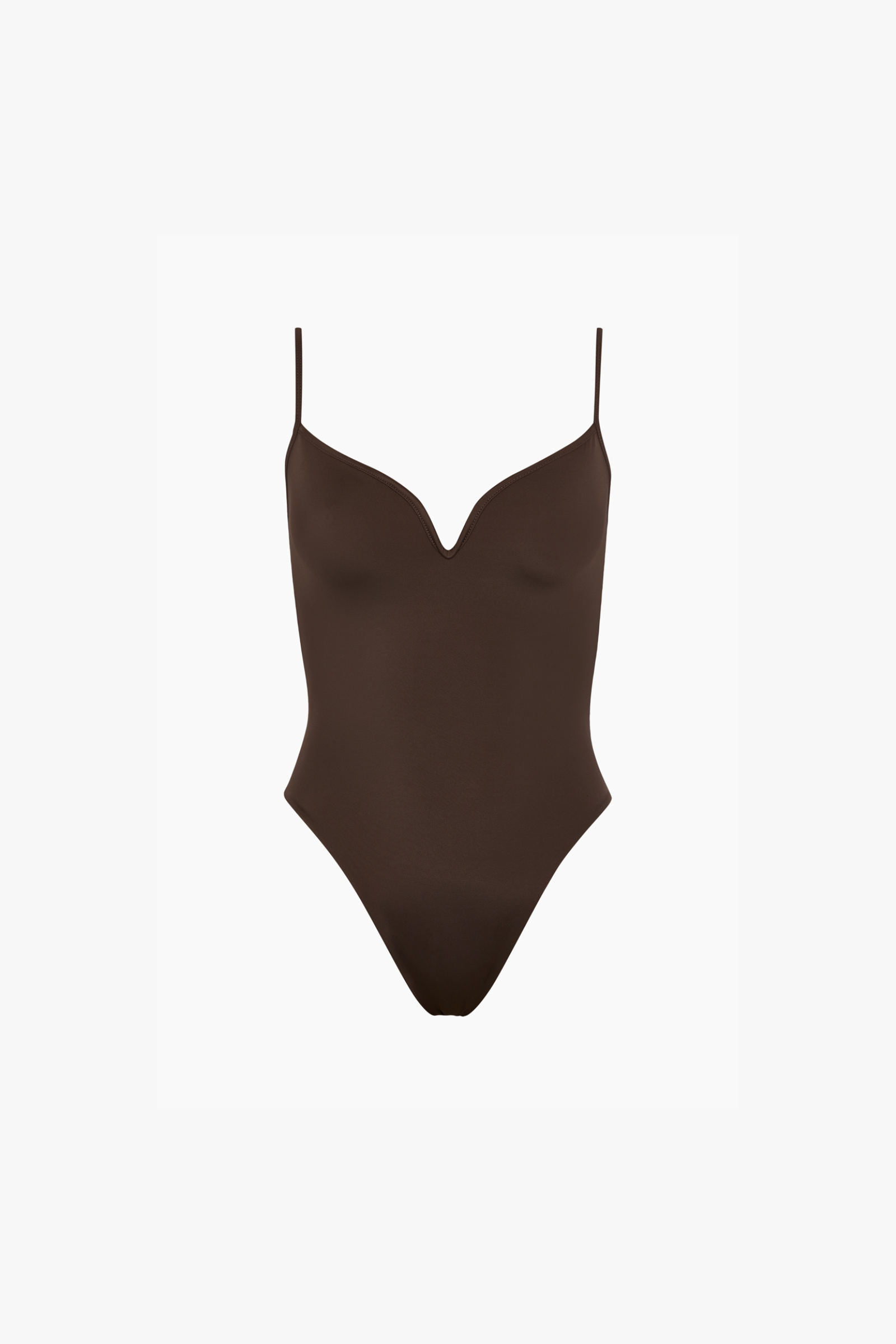 A dark brown one-piece bodysuit with thin spaghetti straps and a sweetheart neckline, displayed on a clean white background.