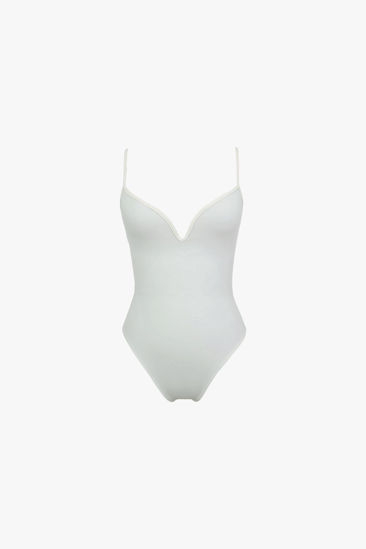 A white one-piece swimsuit with thin shoulder straps and a V-neckline, shown against a plain white background.