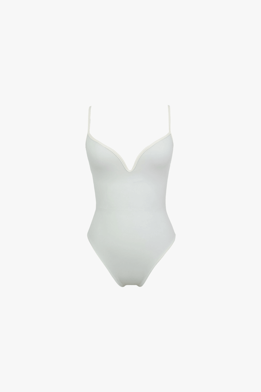 A white one-piece swimsuit with thin shoulder straps and a V-neckline, shown against a plain white background.