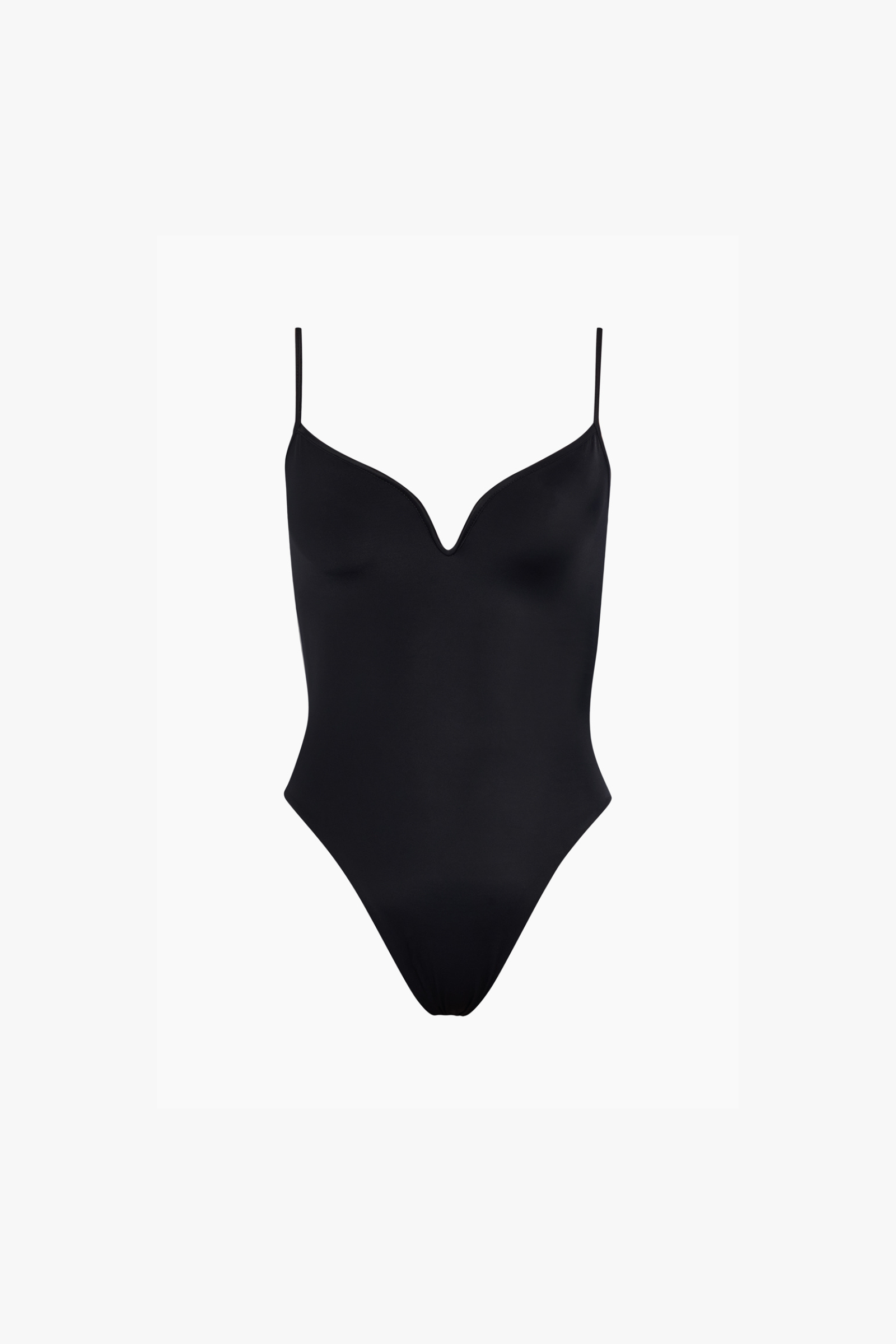 A black one-piece swimsuit with a deep V-neckline and thin adjustable straps.