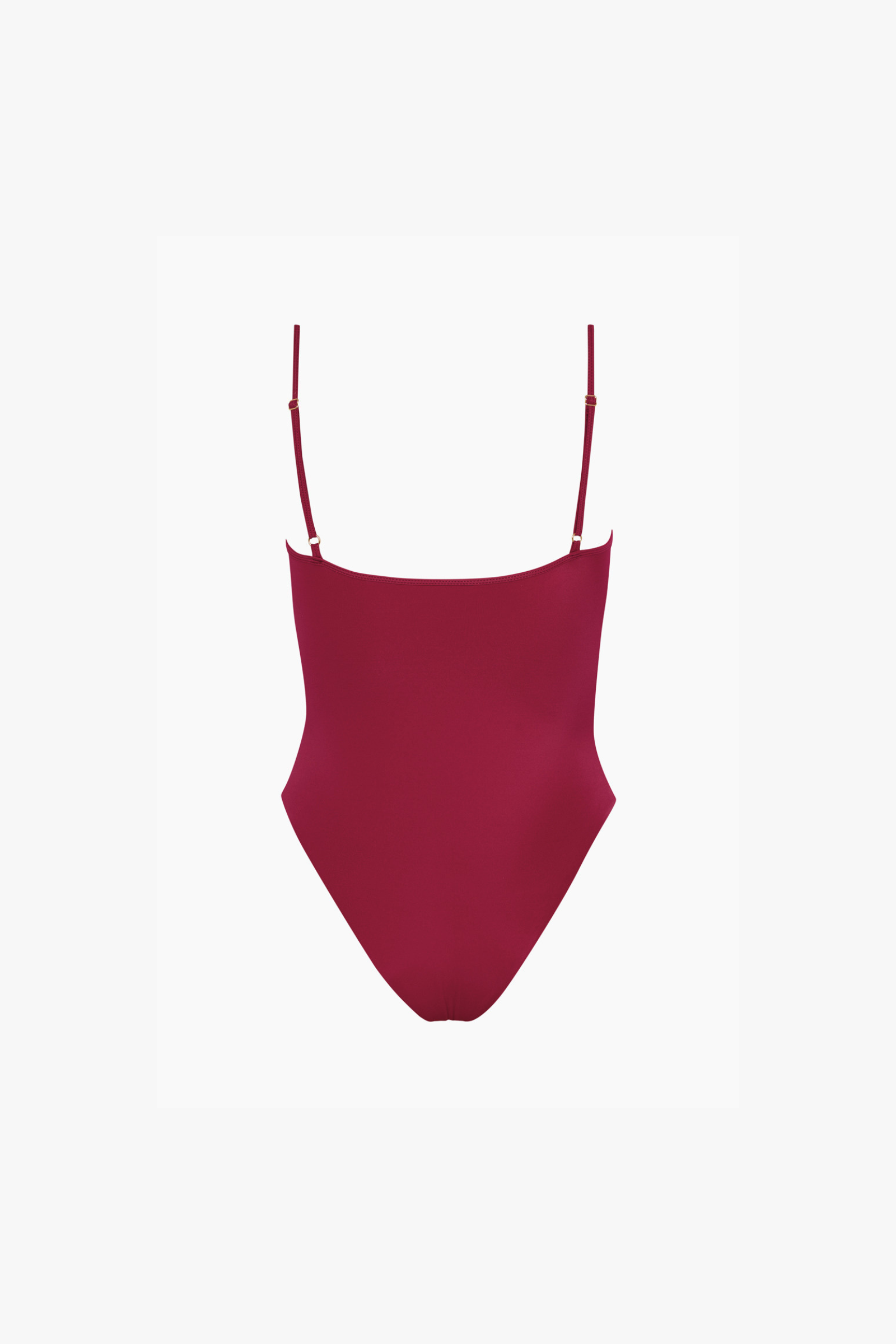 A deep burgundy one-piece swimsuit with thin shoulder straps, displayed flat against a plain white background.