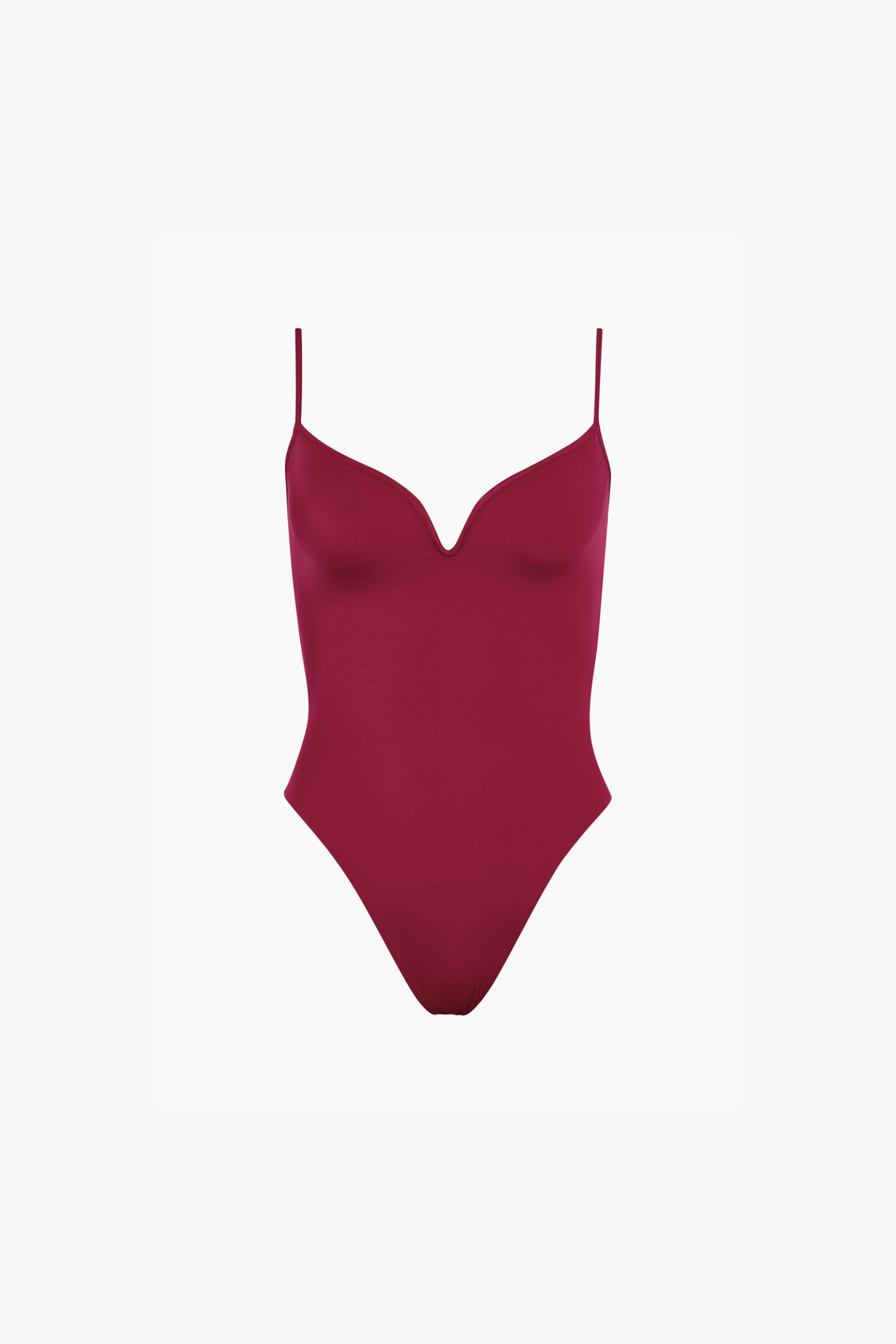 A deep burgundy one-piece swimsuit with thin spaghetti straps and a sweetheart neckline, displayed on a clean white background.