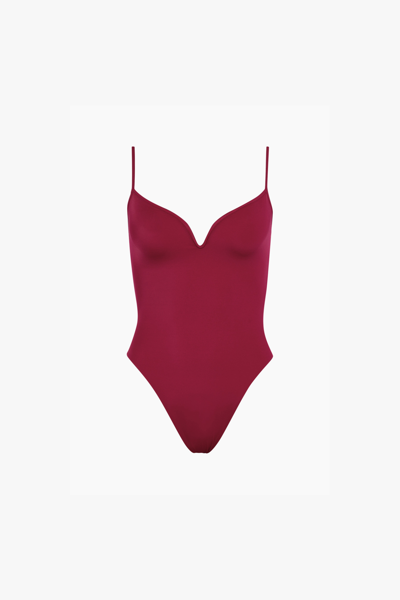 A deep burgundy one-piece swimsuit with thin spaghetti straps and a sweetheart neckline, displayed on a clean white background.