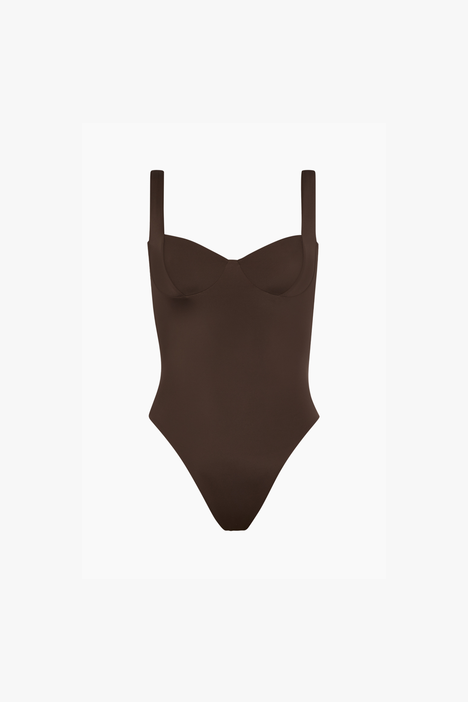 A brown one-piece swimsuit with a sweetheart neckline and shoulder straps, shown against a plain white background.