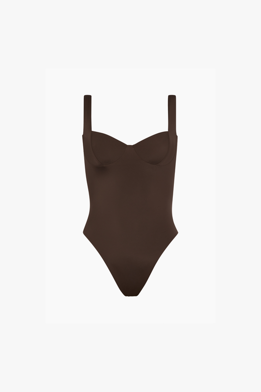A brown one-piece swimsuit with a sweetheart neckline and shoulder straps, shown against a plain white background.