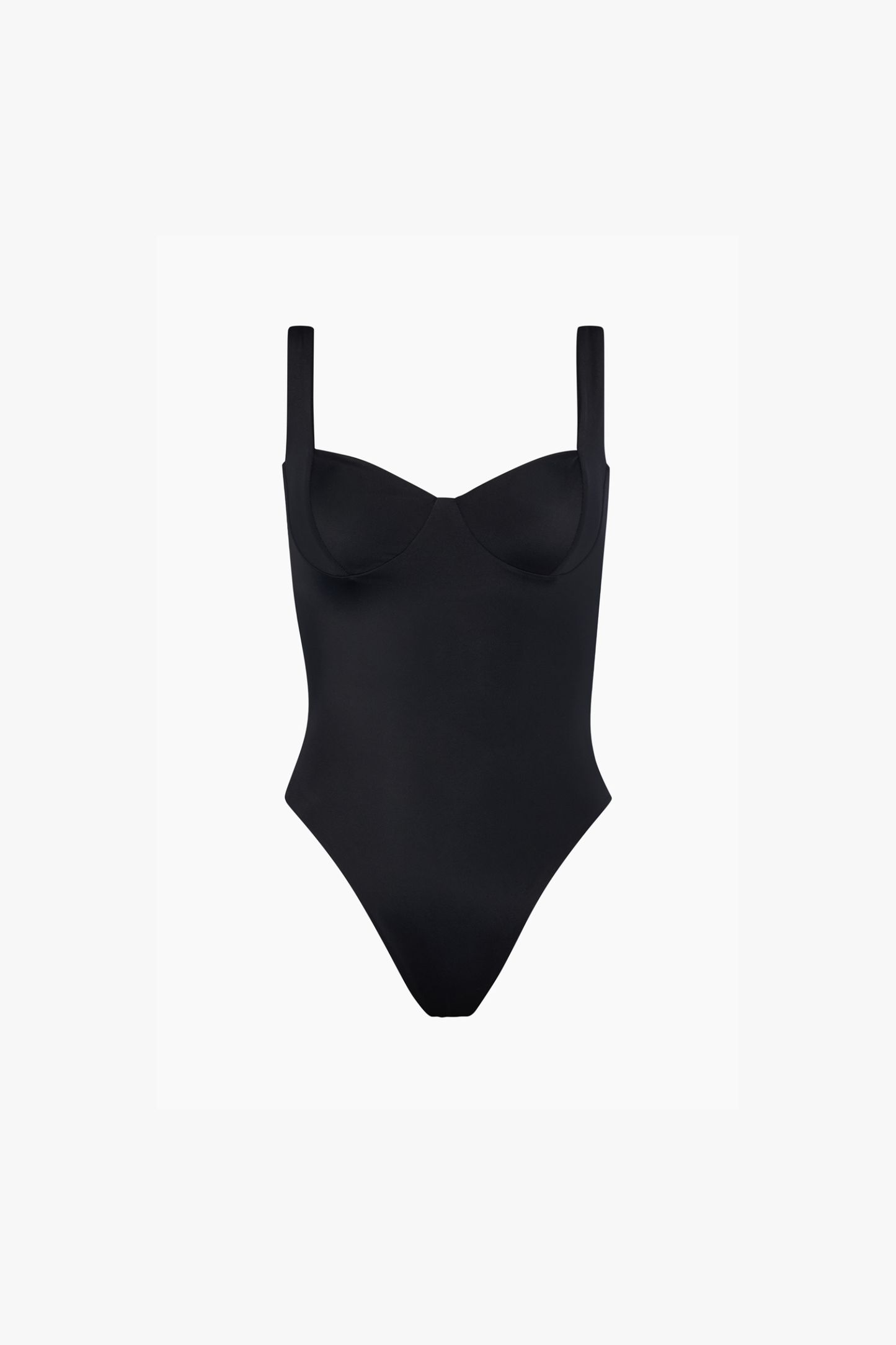 A black one-piece bodysuit with wide shoulder straps shown against a plain white background.