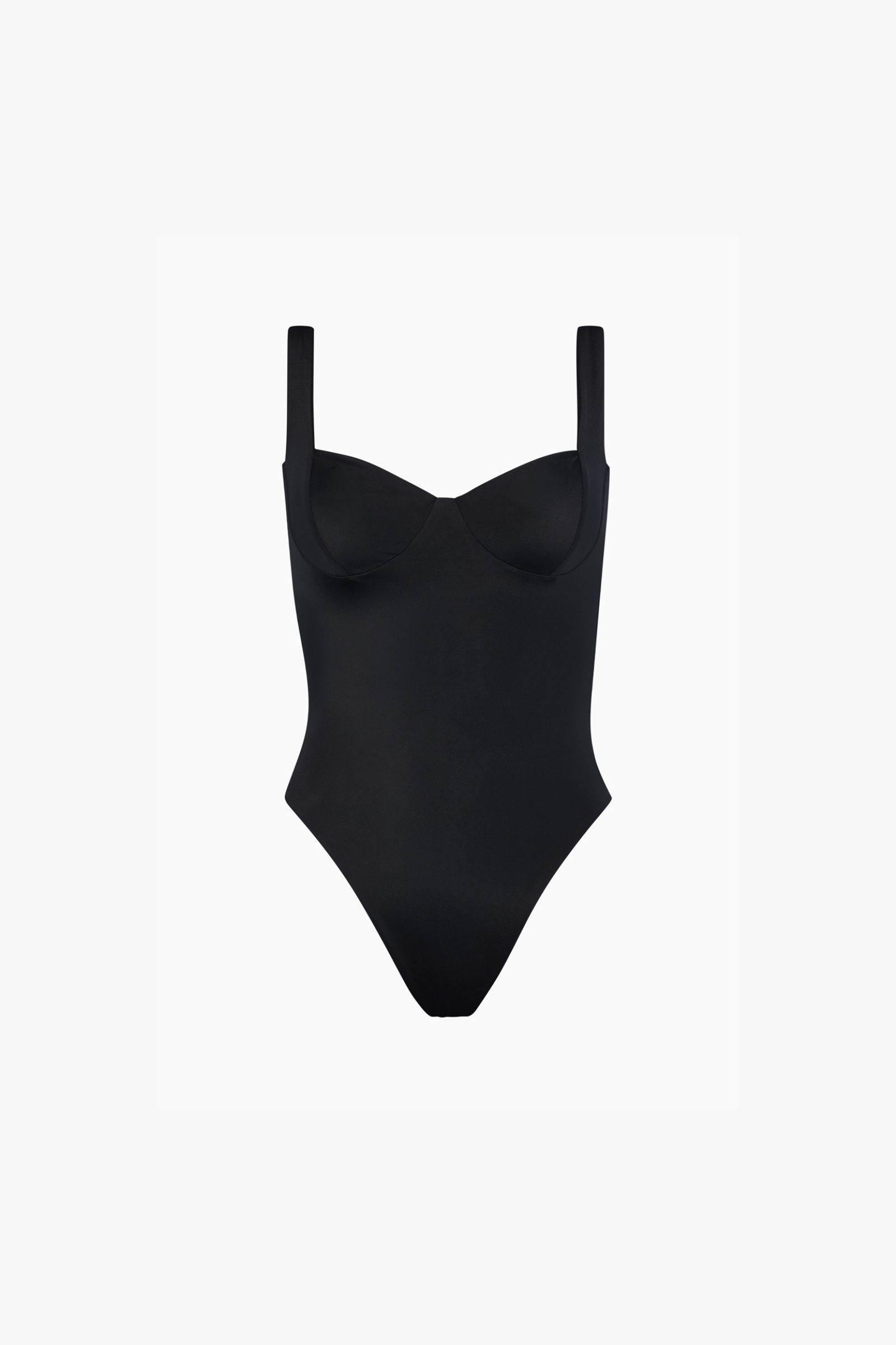 A black one-piece bodysuit with wide shoulder straps shown against a plain white background.