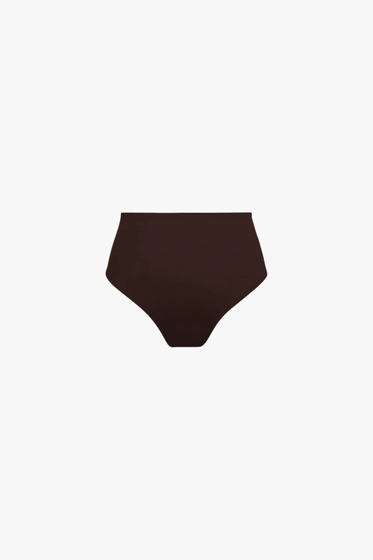 A high waisted, solid brown bikini bottom.