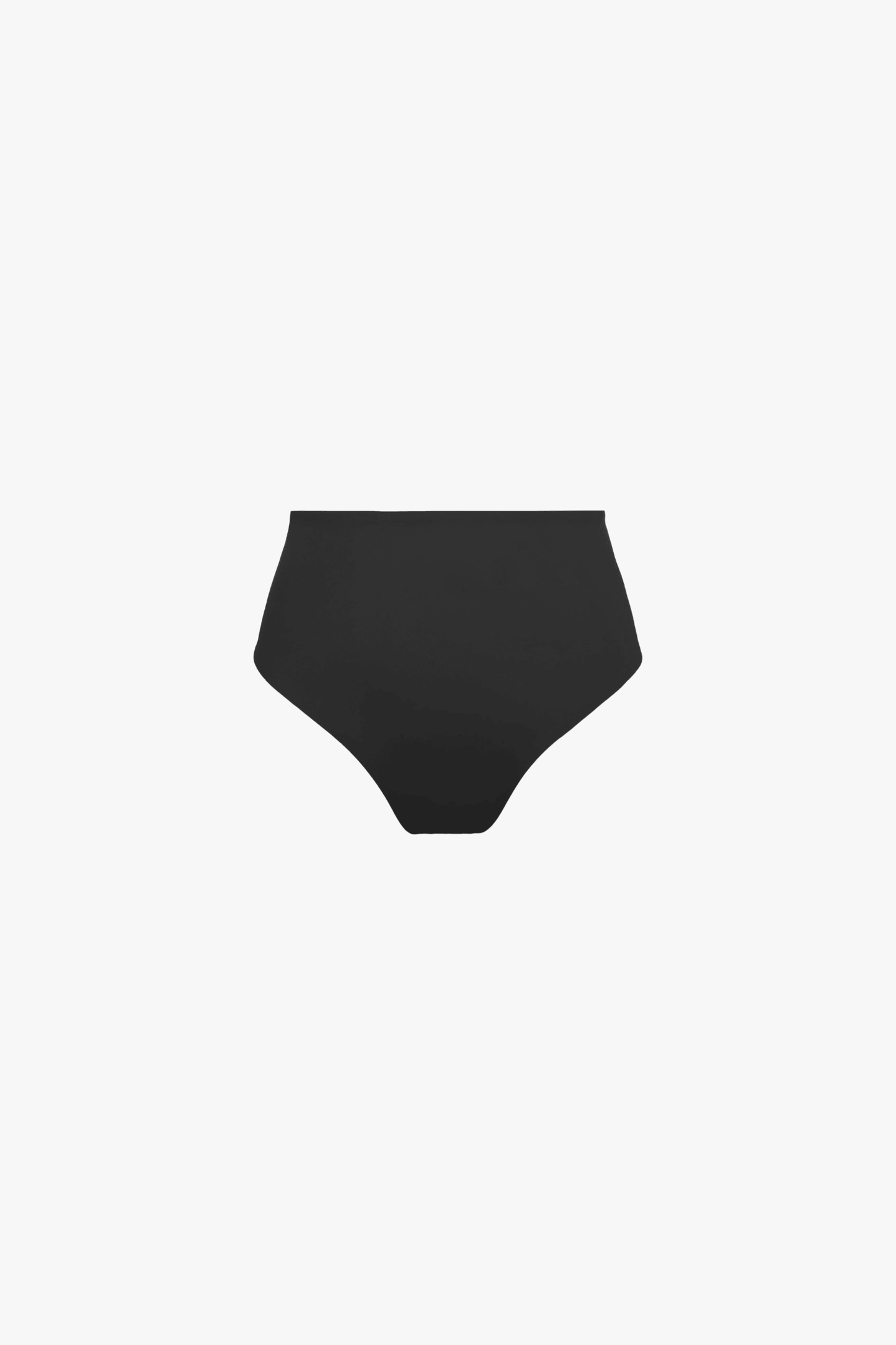 Black high-waisted bikini bottom on a white background