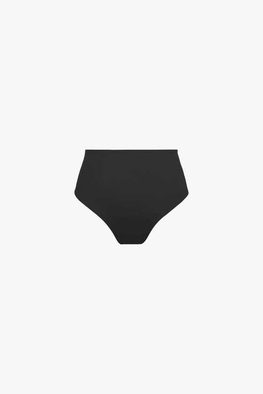 Black high-waisted bikini bottom on a white background